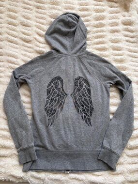 Victoria's Secret Gray Zip-Up Hoodie with lace Wing Graphic
